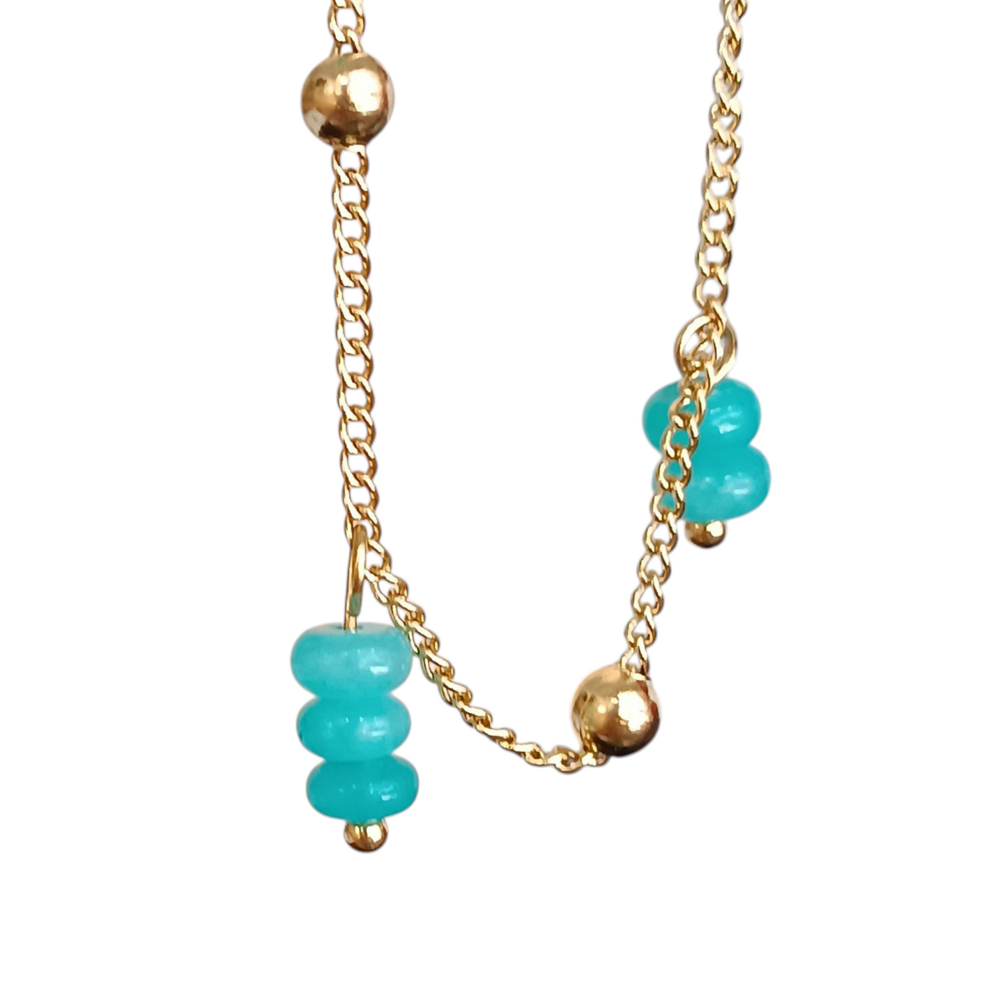 Collar triple perla turquesa y dorada