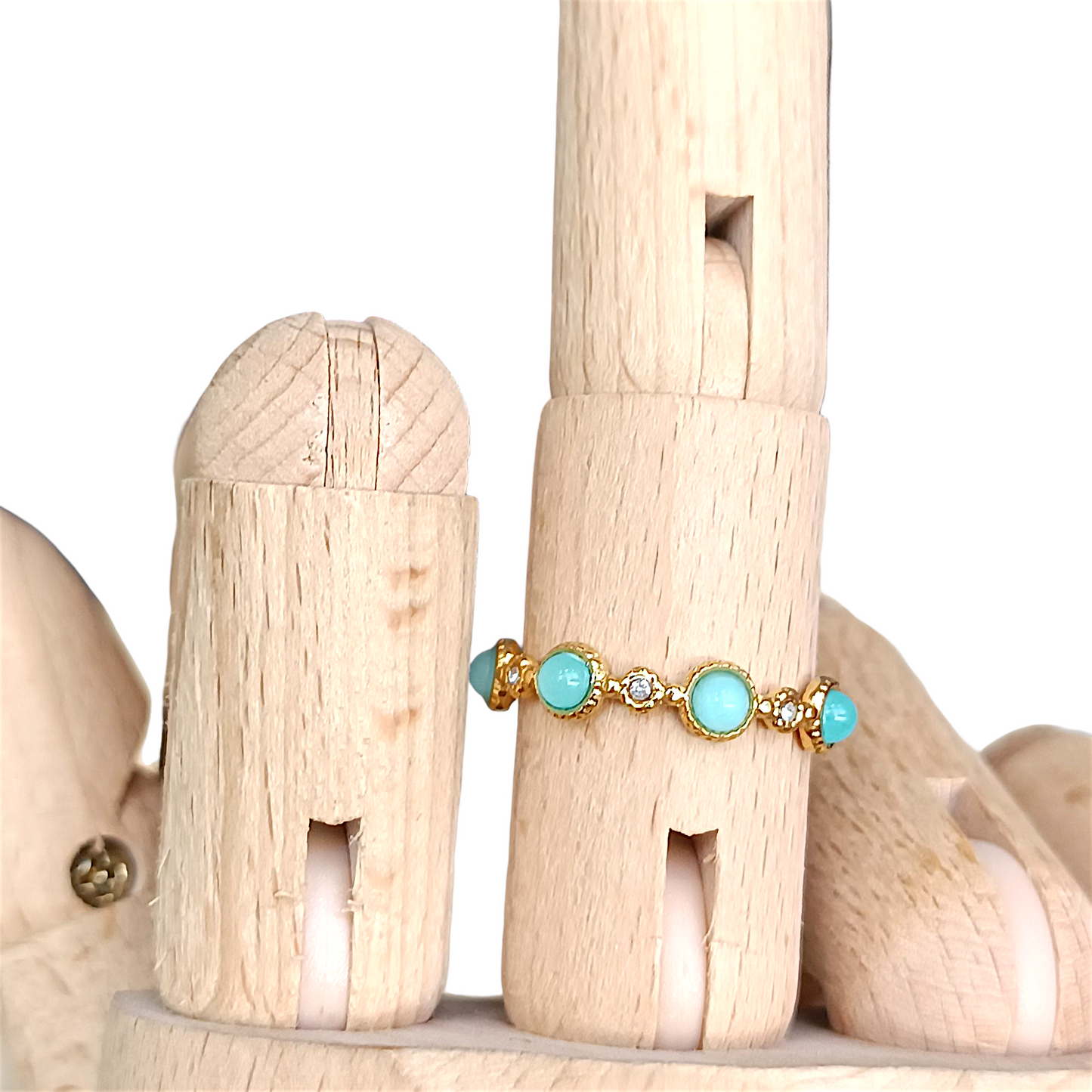 Anillo bolitas turquesas y dorado