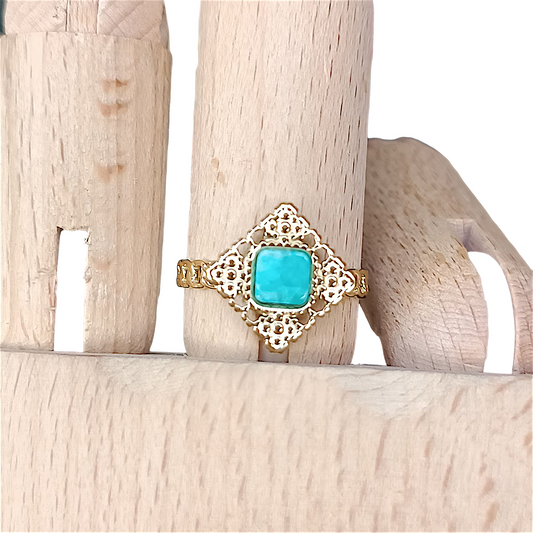 Anillo cuadrado turquesa y dorado